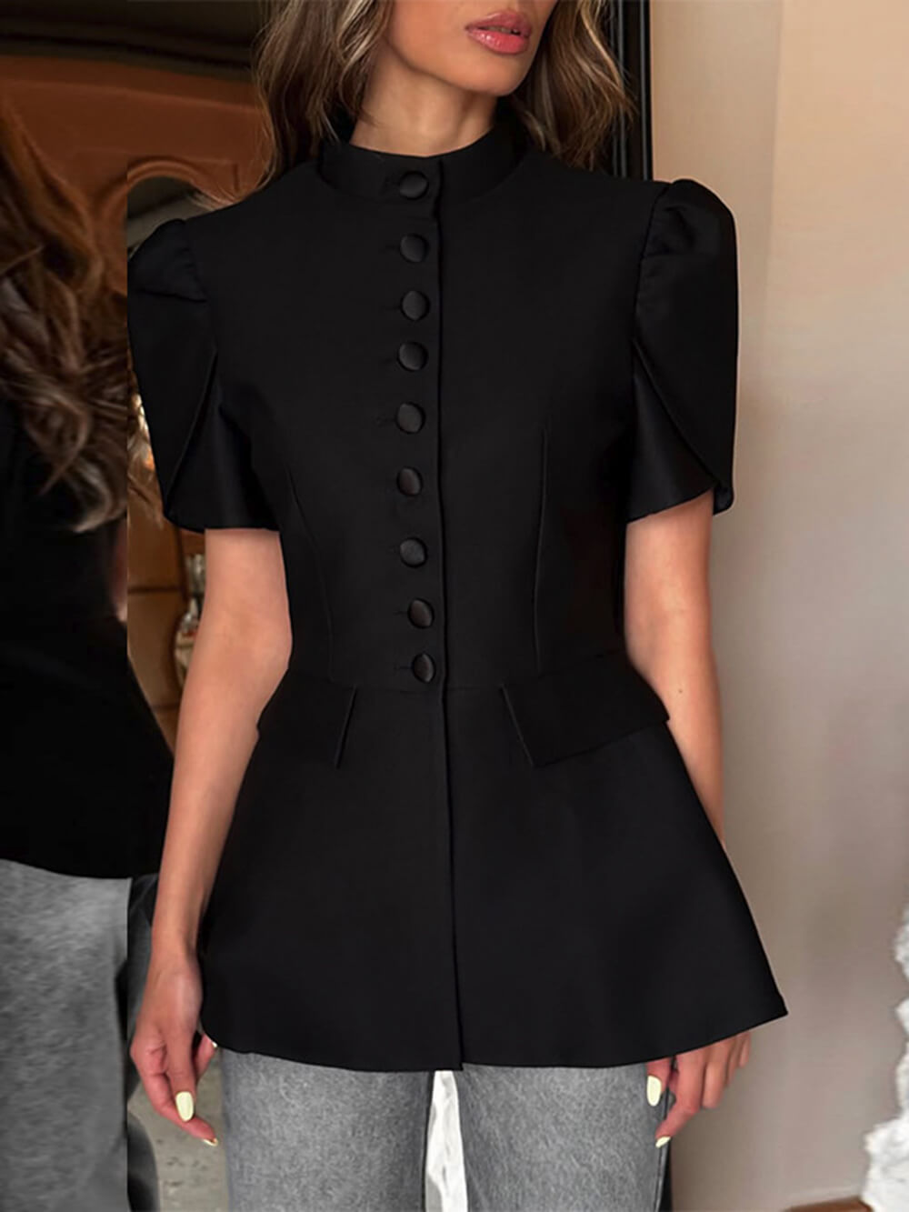 Sweet Stand Collar Single-Button High-Waist Top