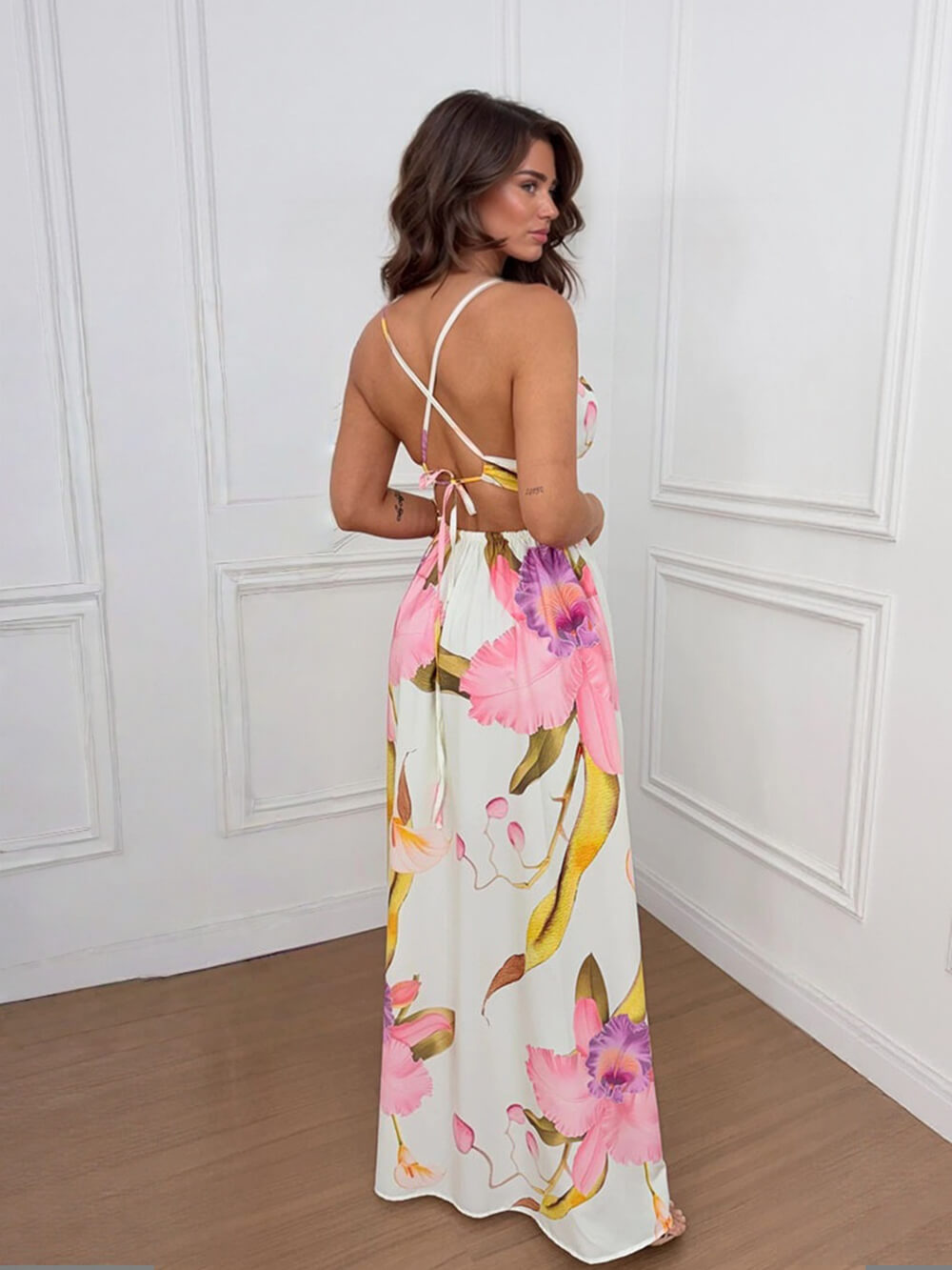 Bohemian White Backless Printed Slit Party Maxi Dress