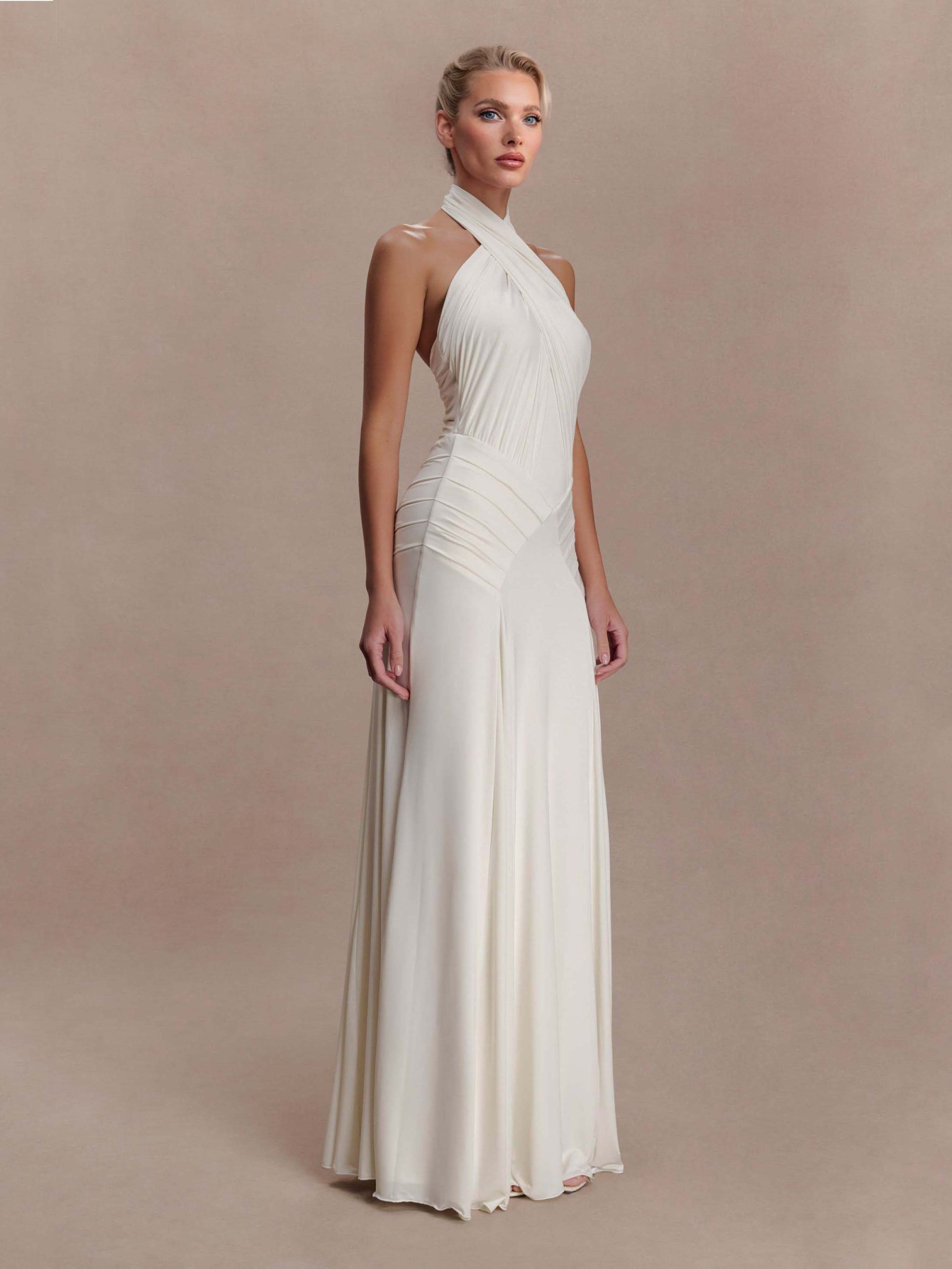 Elegant Pleated Fitted Backless Maxi Dress