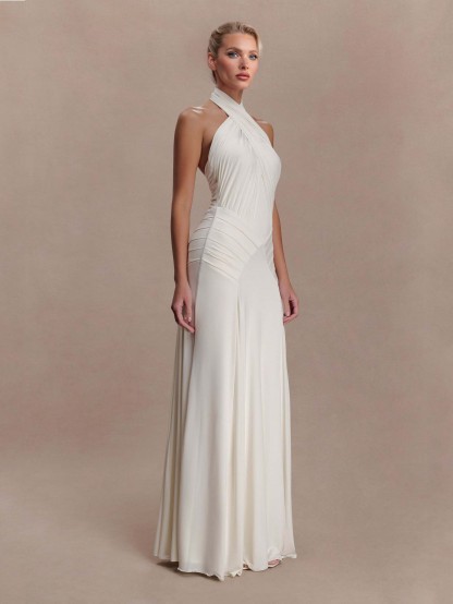 Elegant Pleated Fitted Backless Maxi Dress