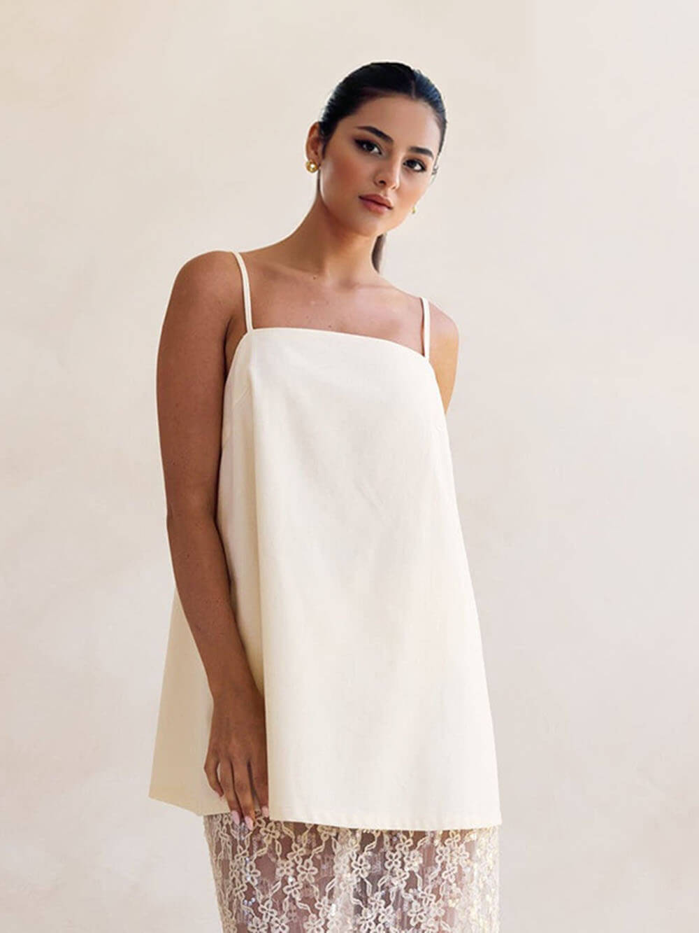 Elegant Off-Shoulder Strap A-Line Top Sheer Sequin Lace High-Waist Maxi Skirt Set