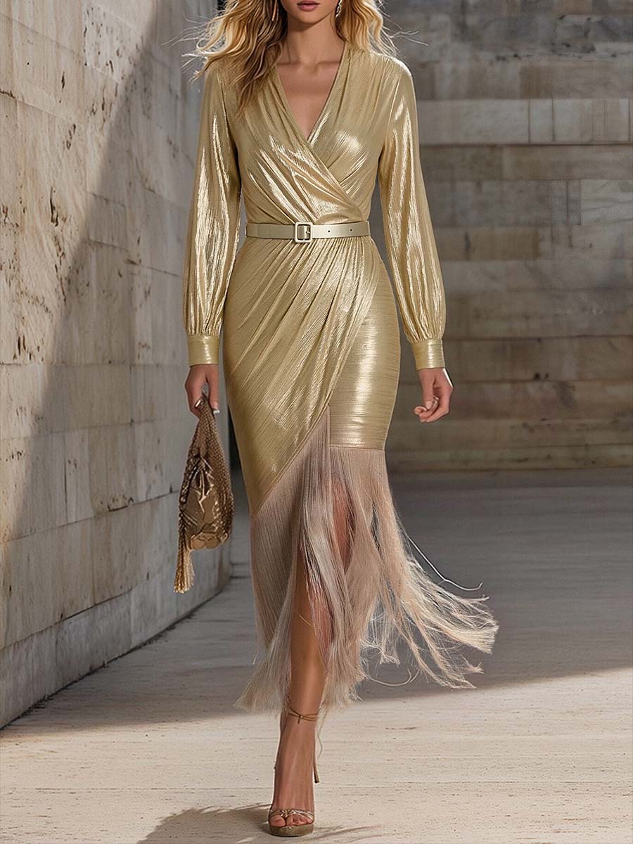 Elegant Tassel Wrap-around Slim-fit Maxi Dress