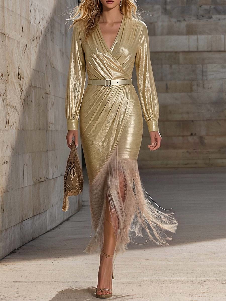 Elegant Tassel Wrap-around Slim-fit Maxi Dress