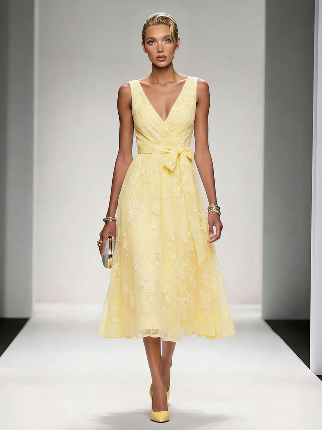 Elegant V-Neck Lace Embroidered Tie-Front Midi Dress