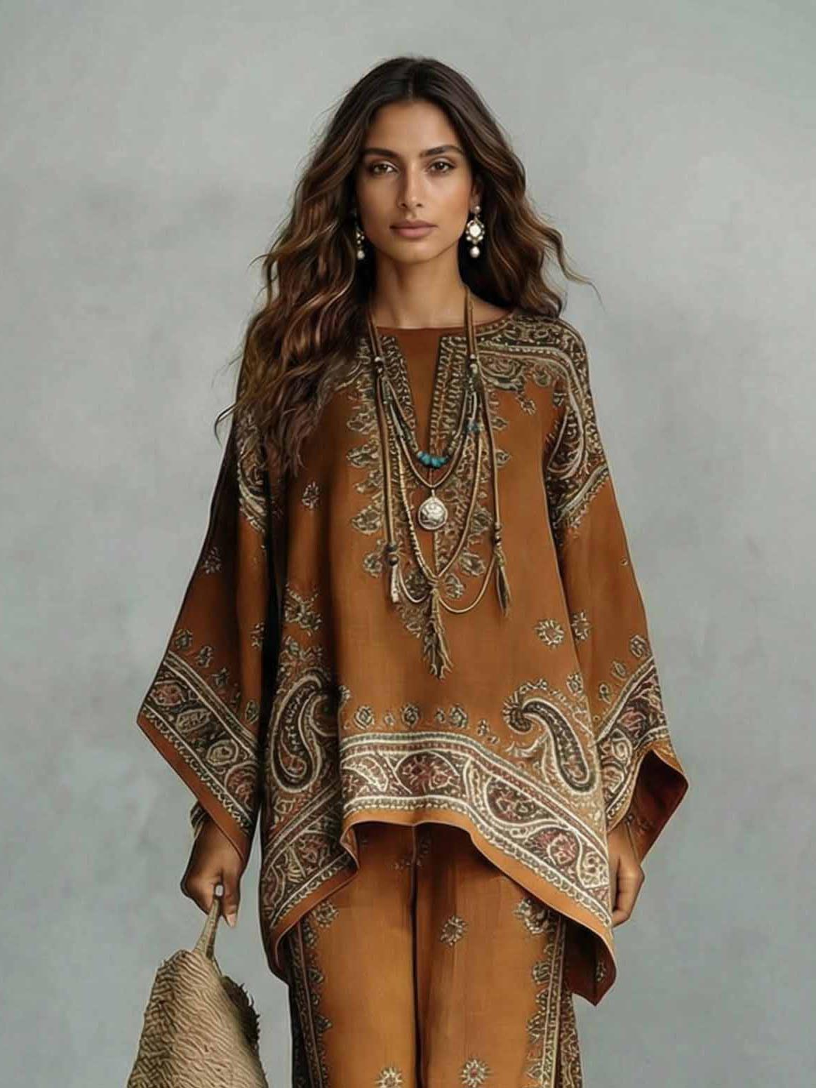 Bohemian Paisley Print Batwing Sleeve Two-Piece Set