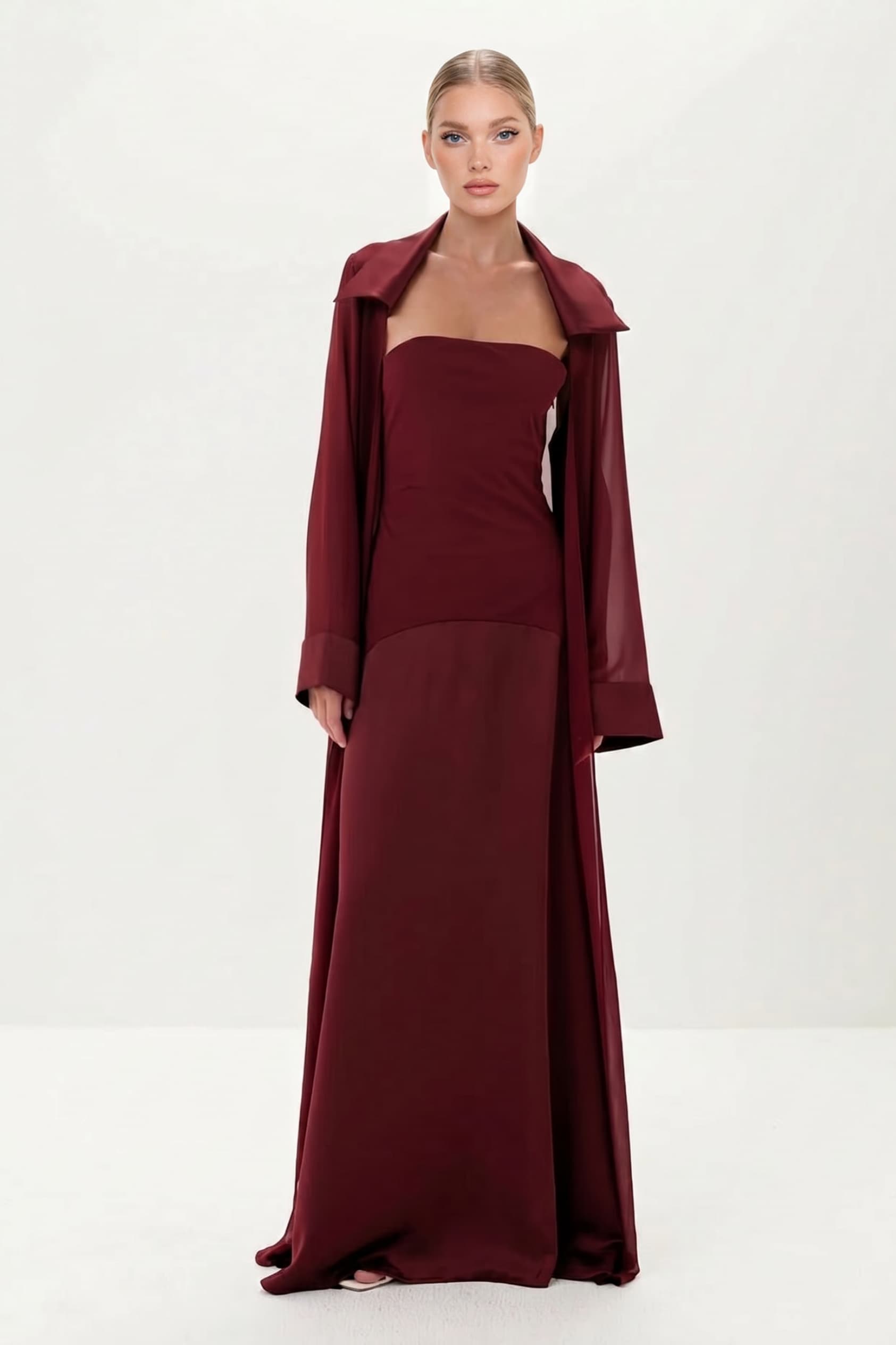 Elegant Satin Maxi Dress & Long Sheer Chiffon Cover-Up Two-Piece Set