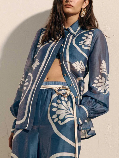 Elegant Sheer Floral Geometric Print Button-Up Shirt
