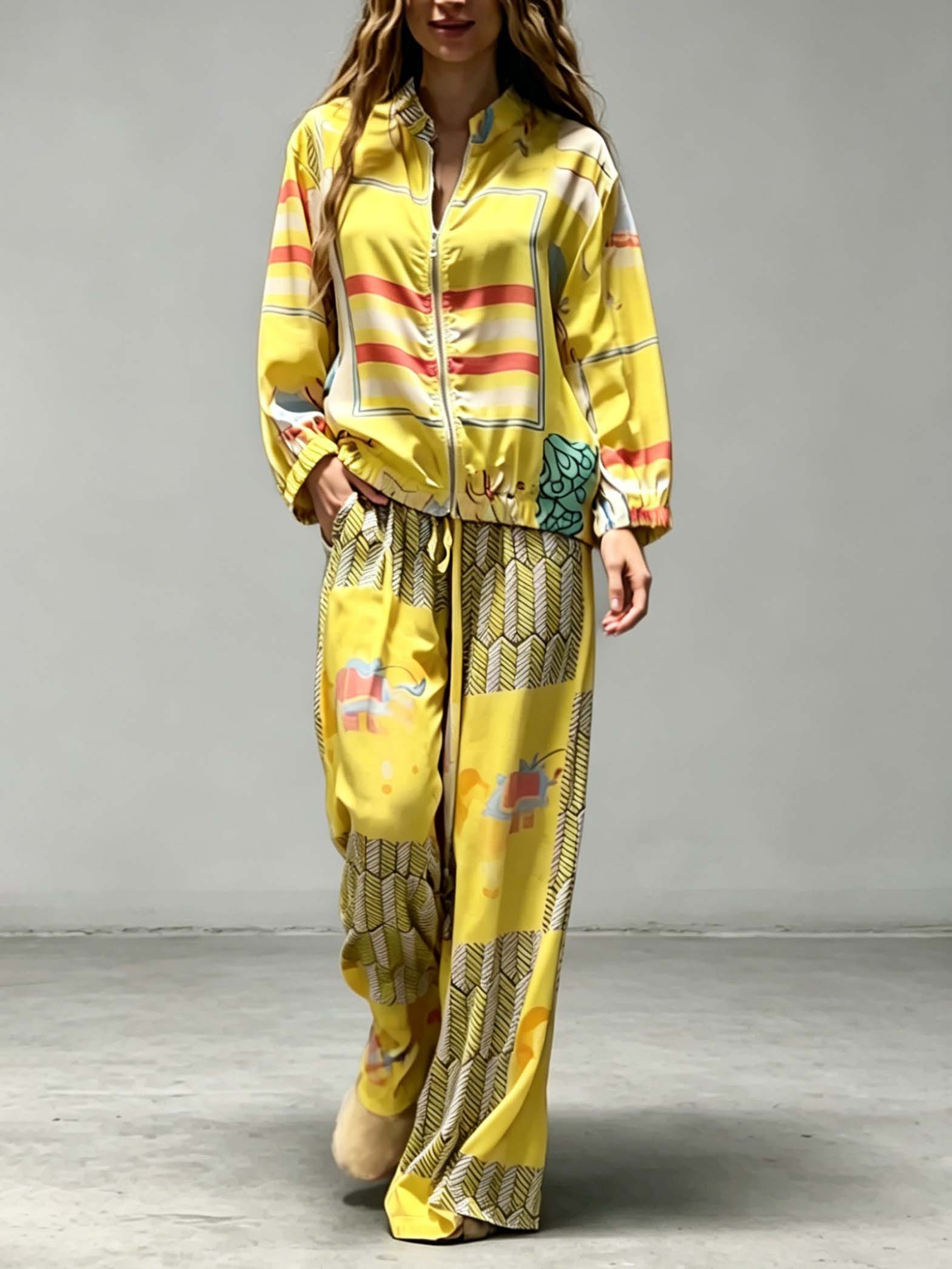 Casual Artistic Print Zip-Up Shirt & Wide-Leg Pants Two-Piece Set