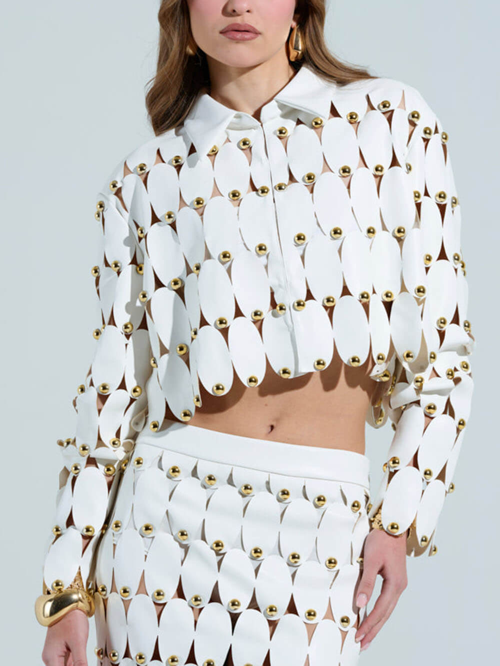 Exquisite Cut-Out Studded PU Cropped Cardigan Top And Maxi Skirt Set