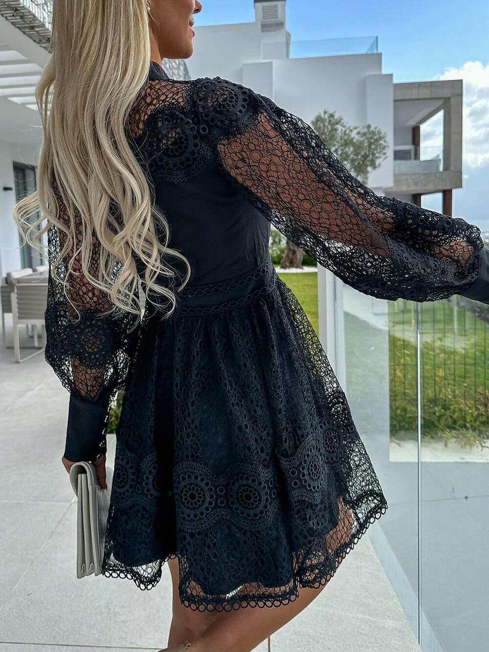 Elegant Lace-Trim Long Sleeve Mini Dress