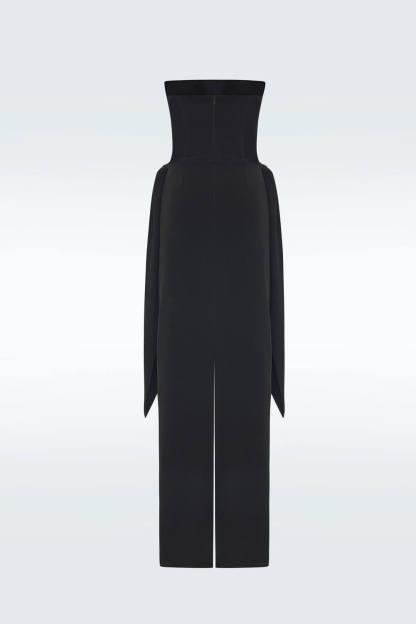 Elegant Black Strapless Ruched Metal Buckle Detail Maxi Dress