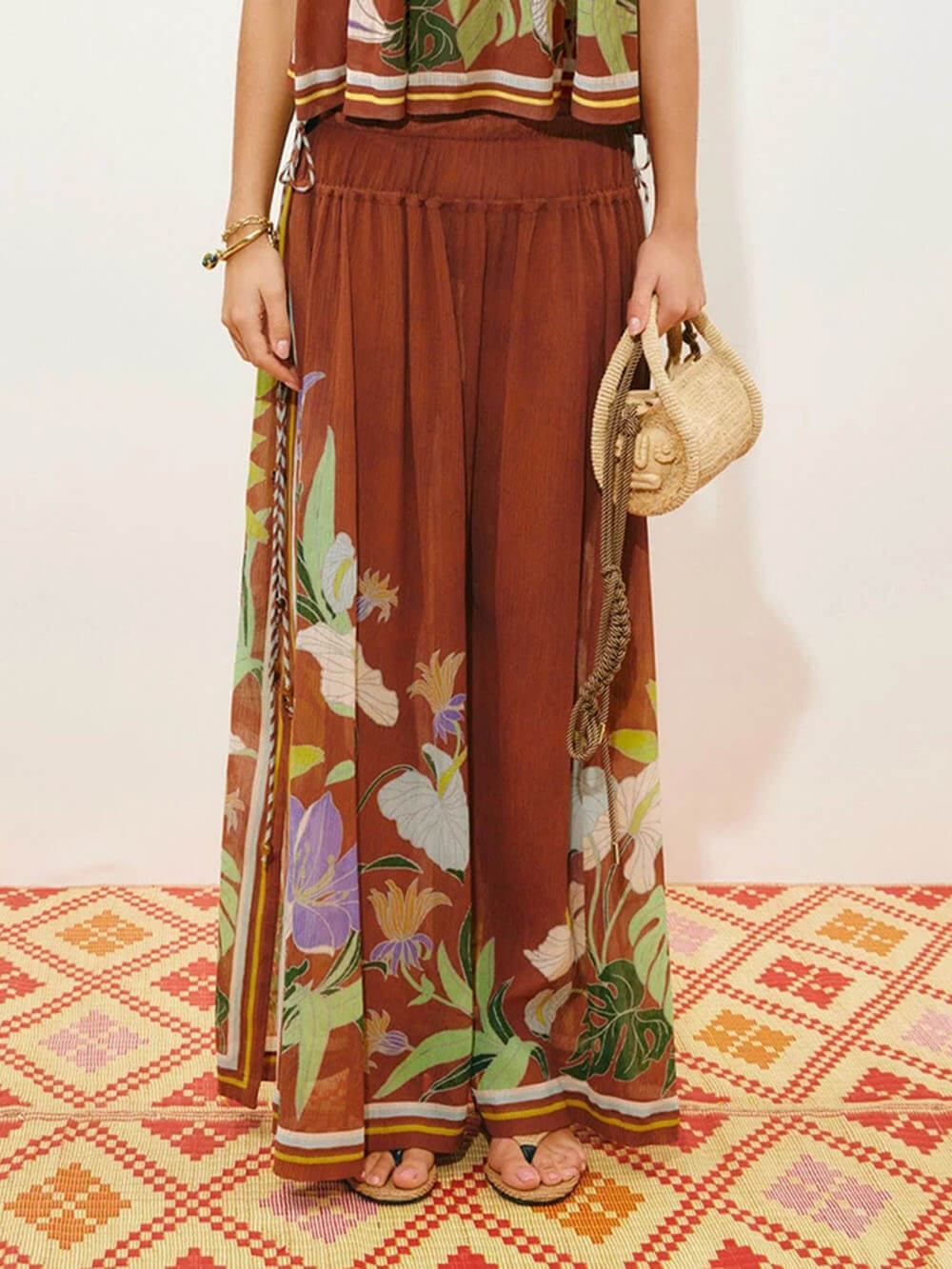 Exquisite Ruffled Adjustable Strap Camisole with Drawstring Slit Wide-Leg Pants Set