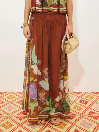 Exquisite Ruffled Adjustable Strap Camisole with Drawstring Slit Wide-Leg Pants Set