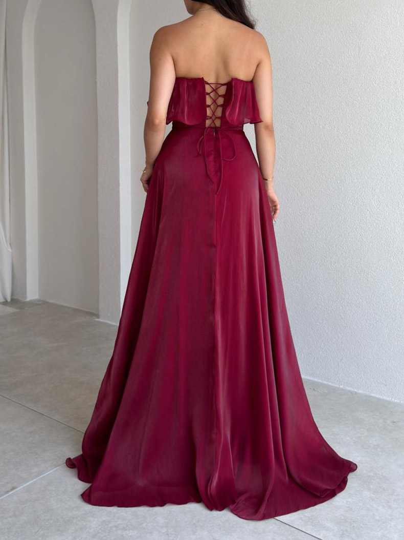 Elegant Strapless Ruffle High Slit Corset Maxi Dress