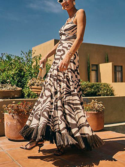Unique Swirl Print Linen Tassel-Trimmed High-Waisted Skirt