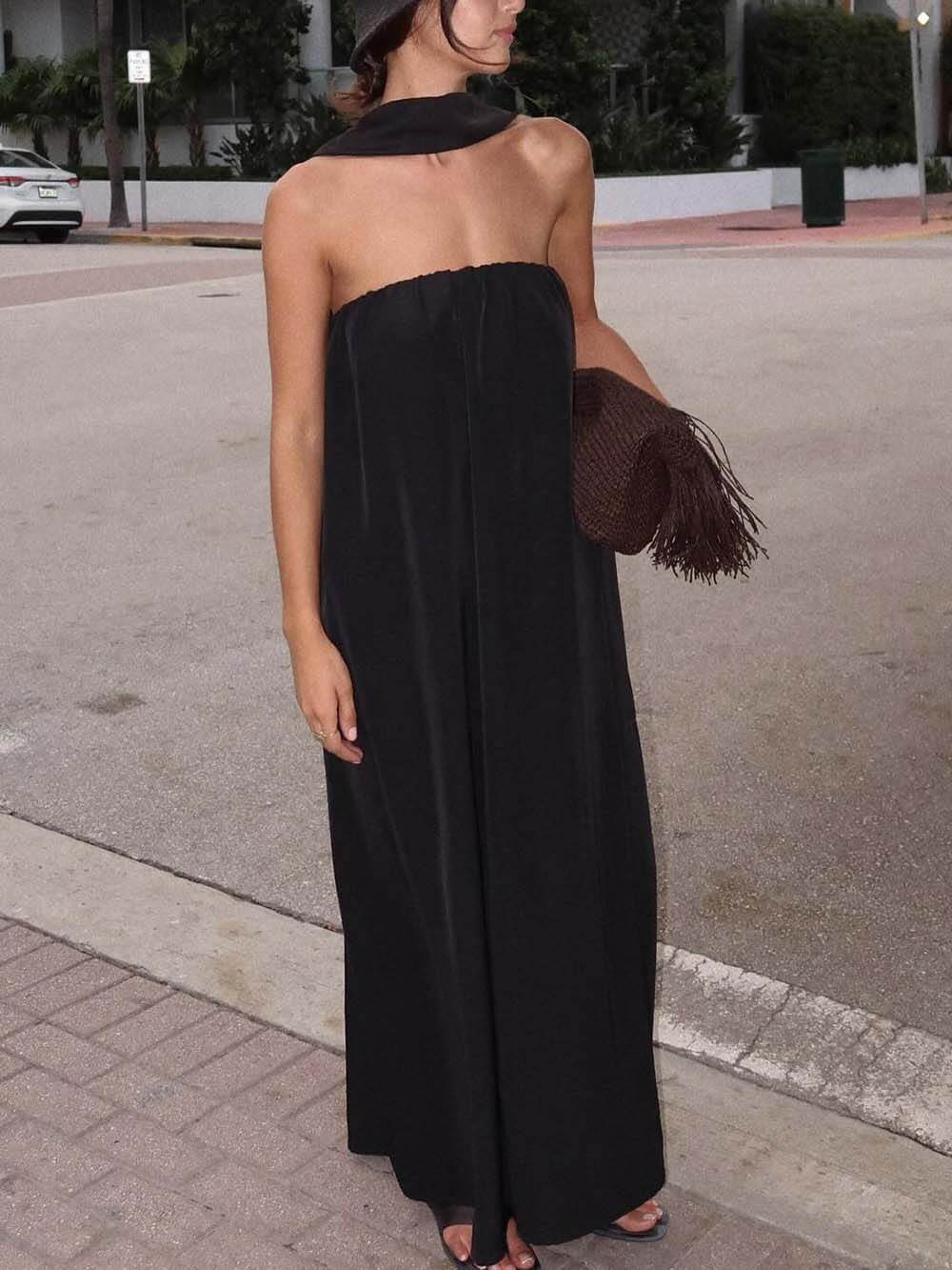 Delicate Satin Strapless Tie-Halter Maxi Dress