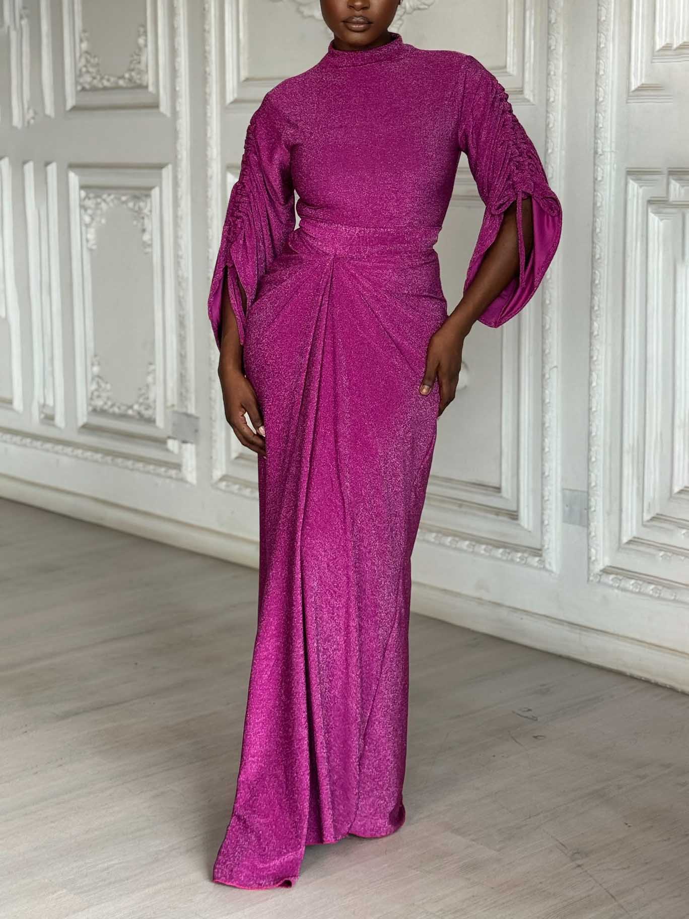 Elegant Metallic Knit Drawstring Sleeve Maxi Dress