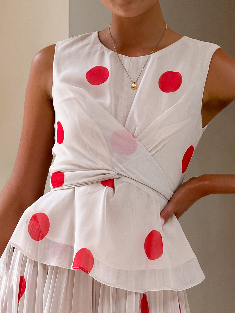 Delicate Red Polka Dot Print Ruffled Cross-Over Top