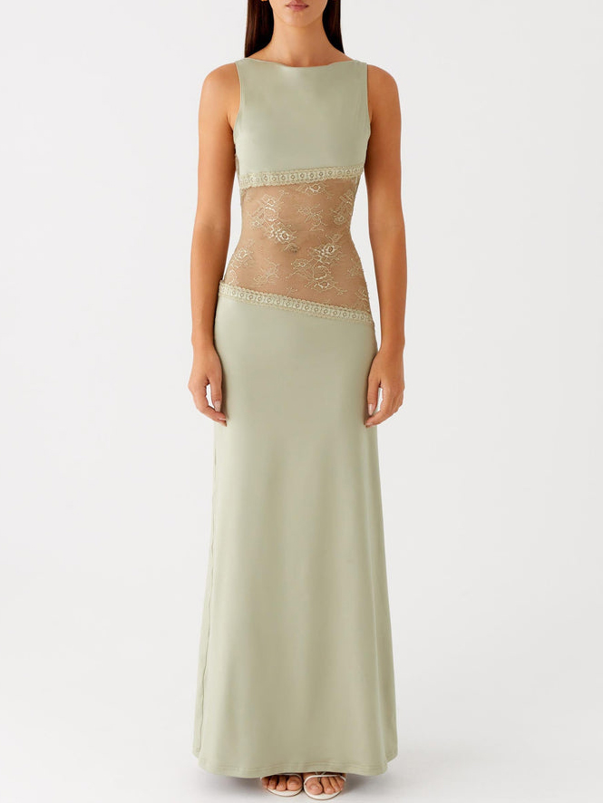 Elegant Sleeveless Boat Neck Black Lace Maxi Dress