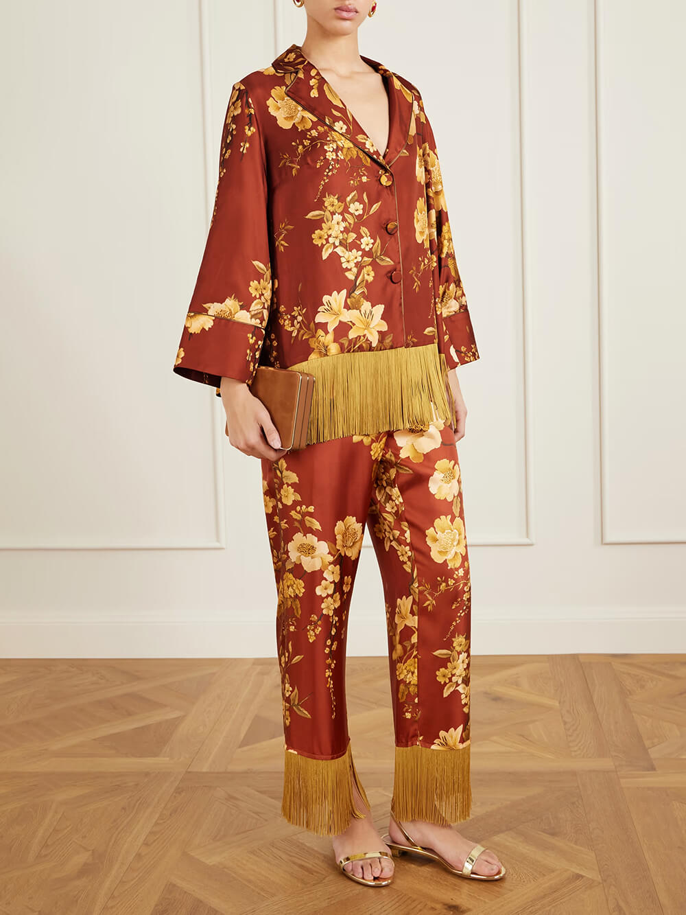 Exquisite Tassel Floral Print Satin Twill Wide-Leg Pants
