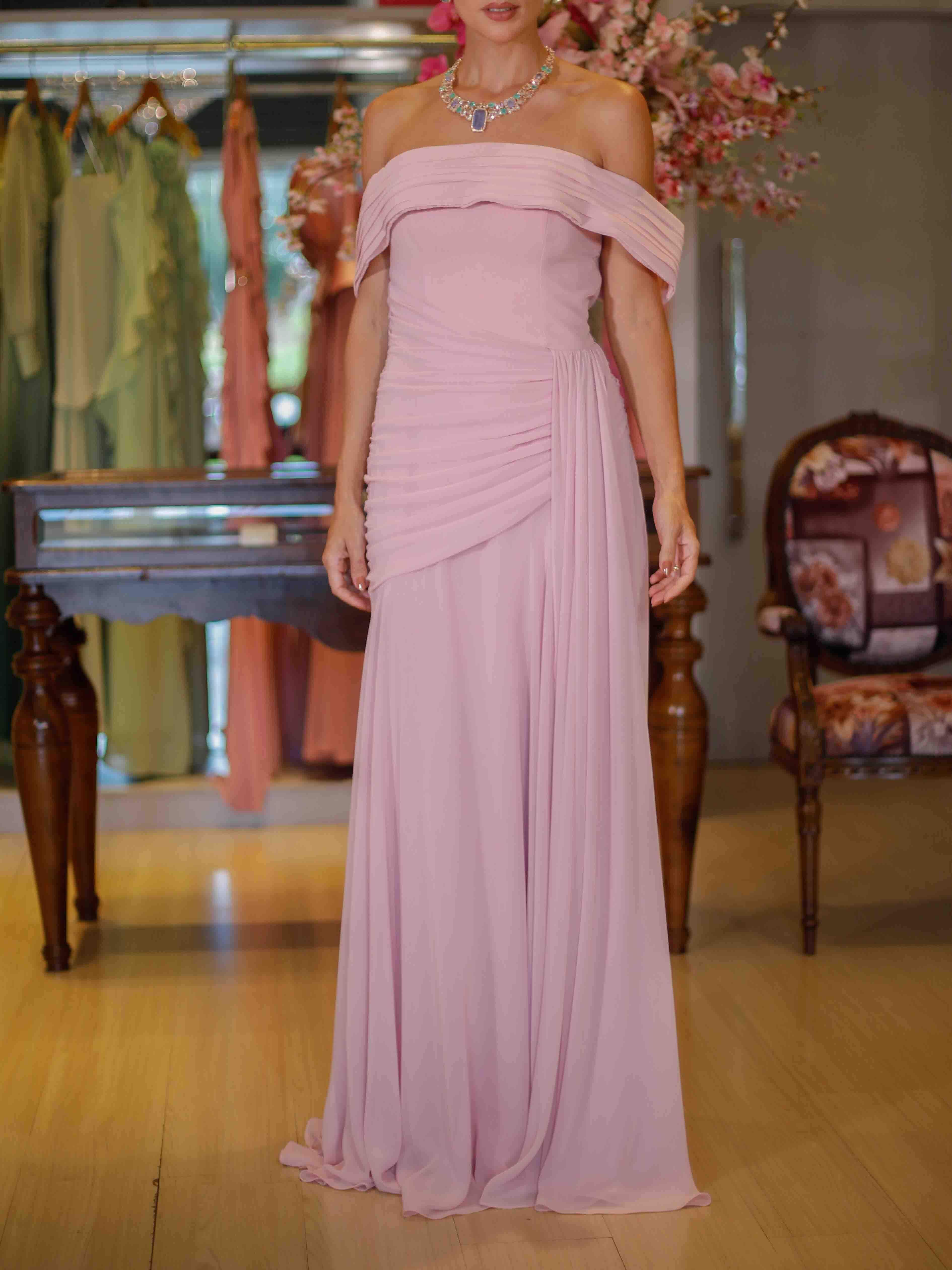 Elegant Off Shoulder Ruched Chiffon Maxi Dress
