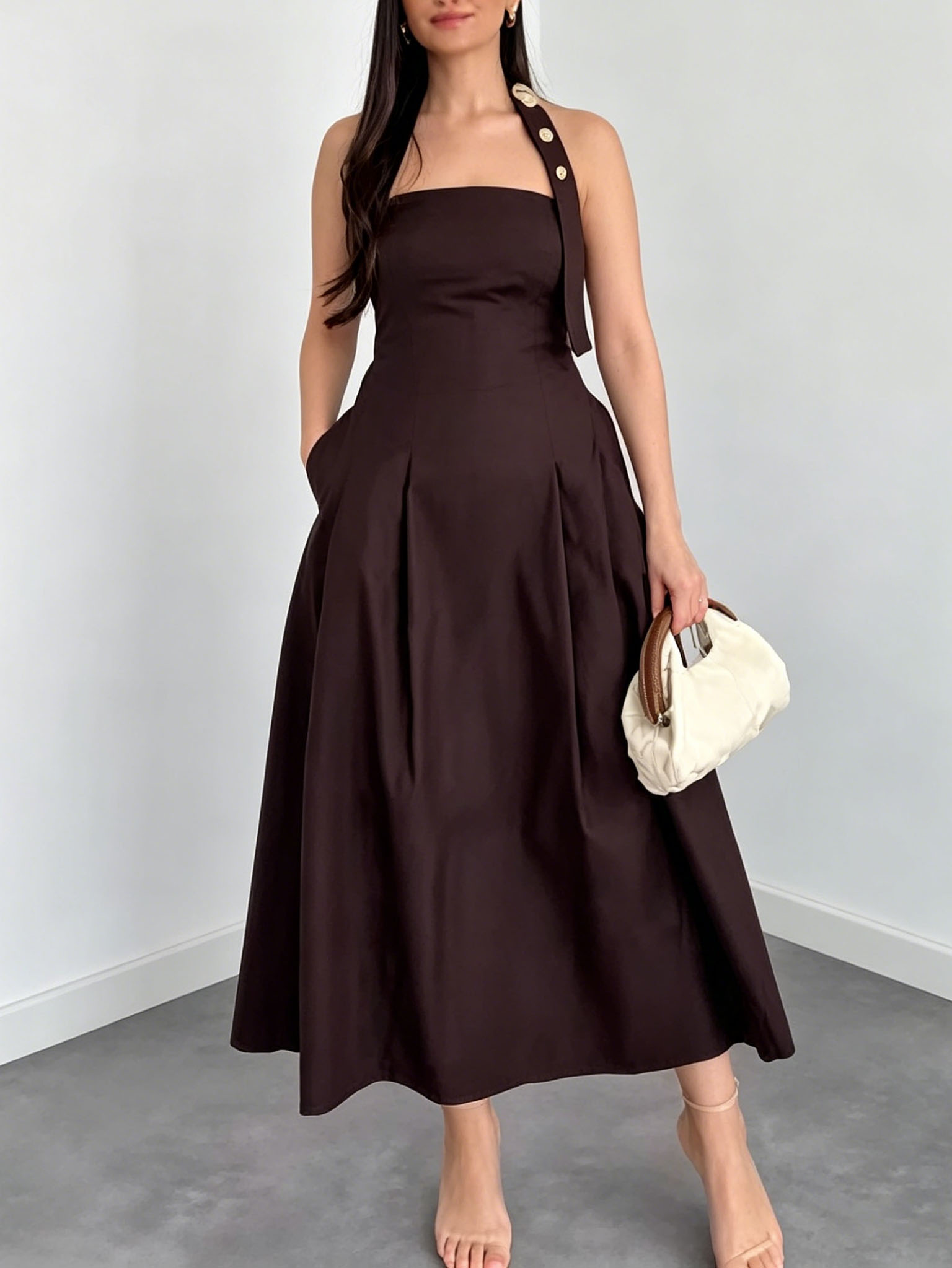 Elegant Halter Neck Button-Front A-Line Midi Dress