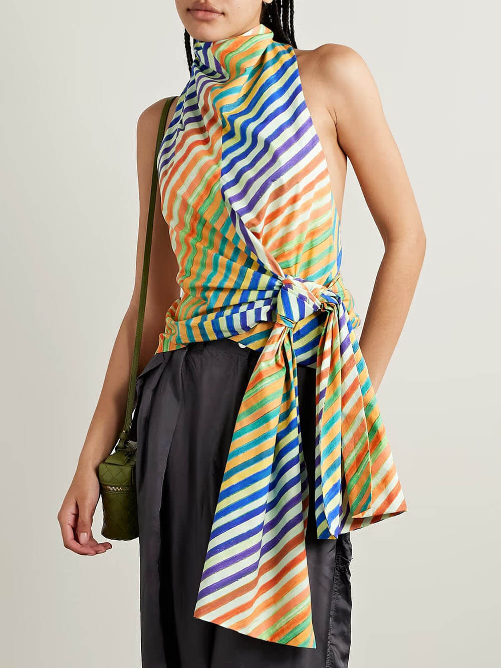 Unique Striped Print Crayon Knot Halter Top