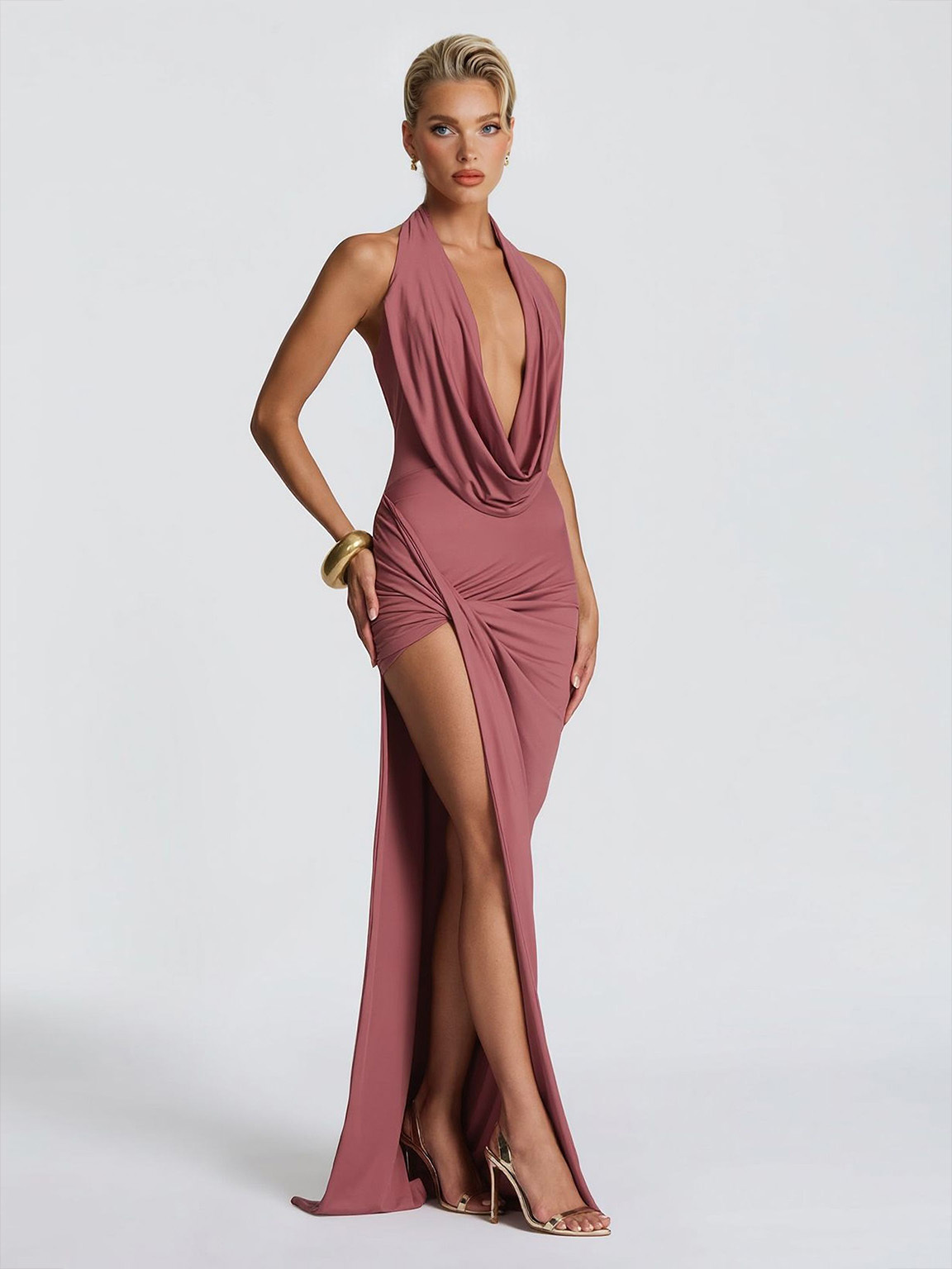 Sexy Sleeveless Ruched High-Slit Maxi Dress