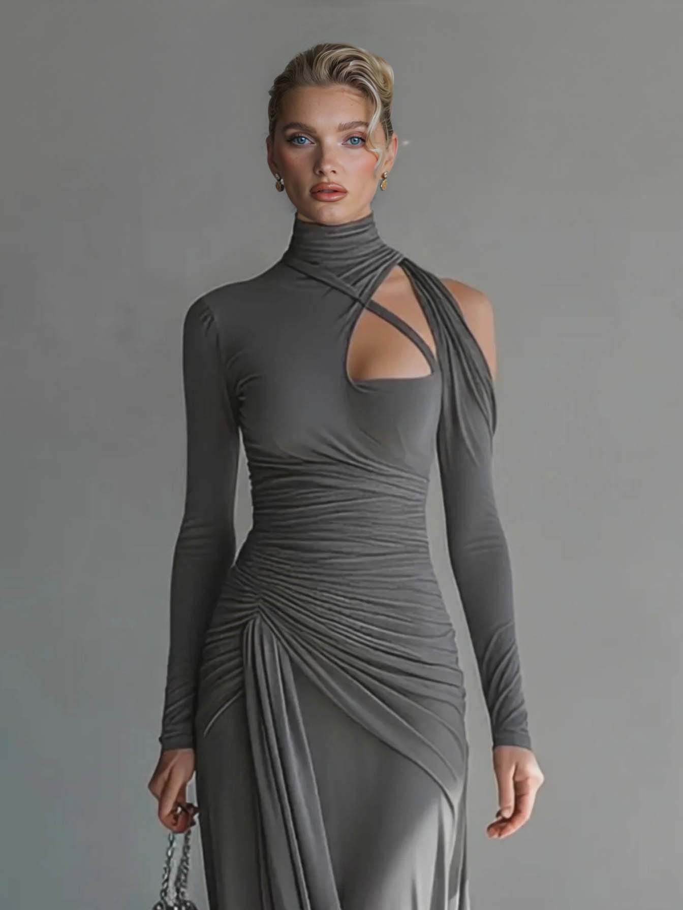 Casual Silky Stretch Pleated Cutout Maxi Dress