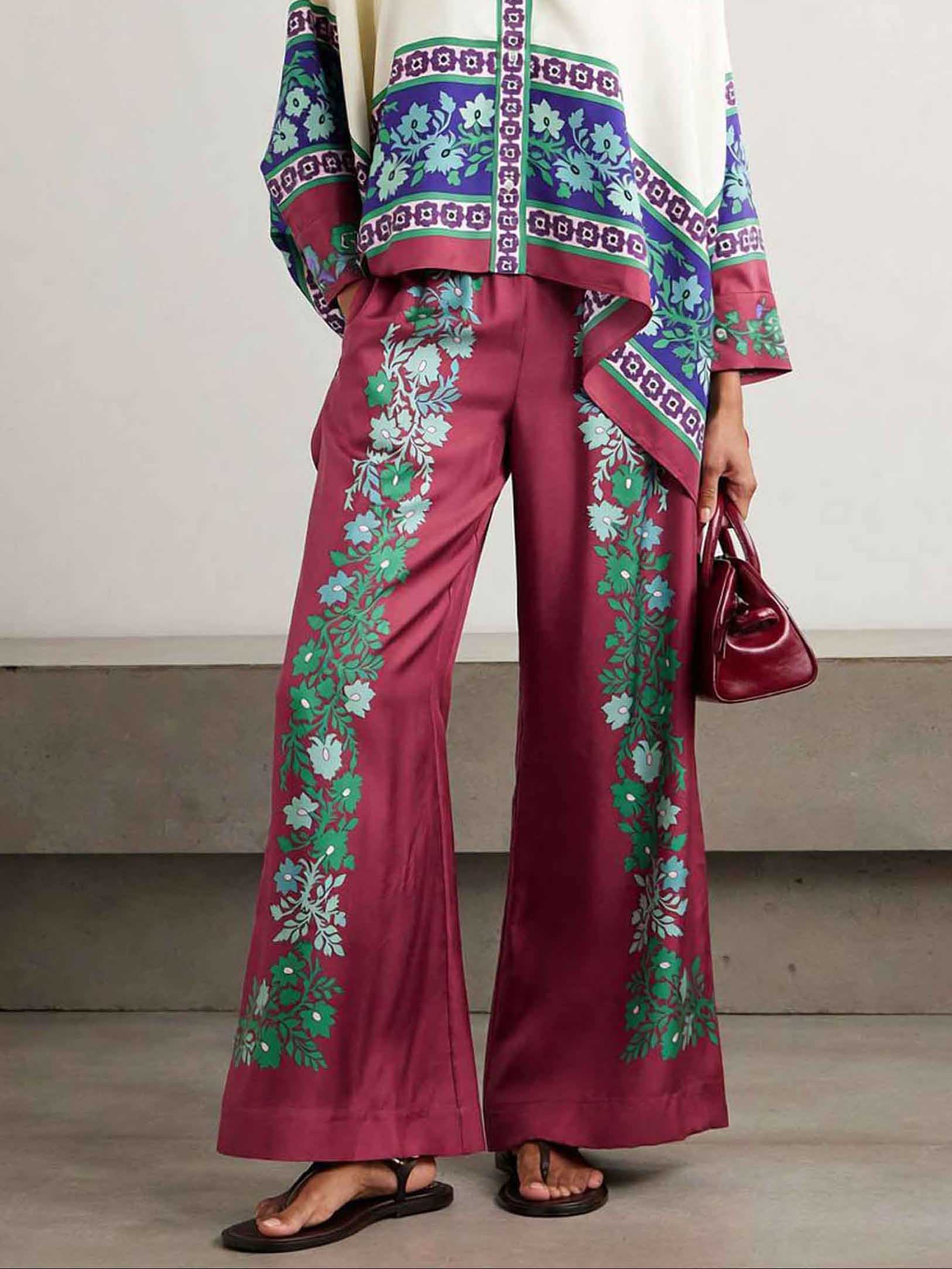 Exquisite Retro Satin Print Wide-Leg Pants