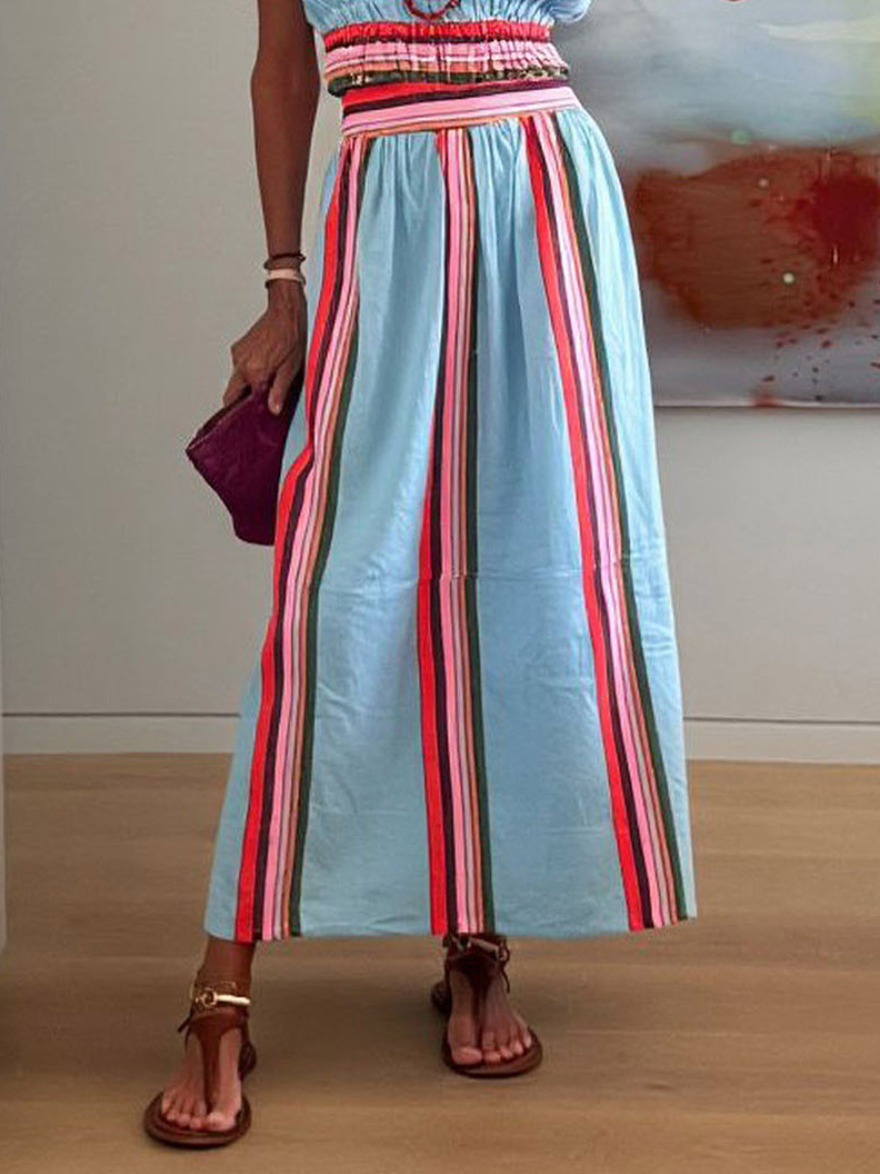 Casual Striped Print Top & Skirt Two-piece Set