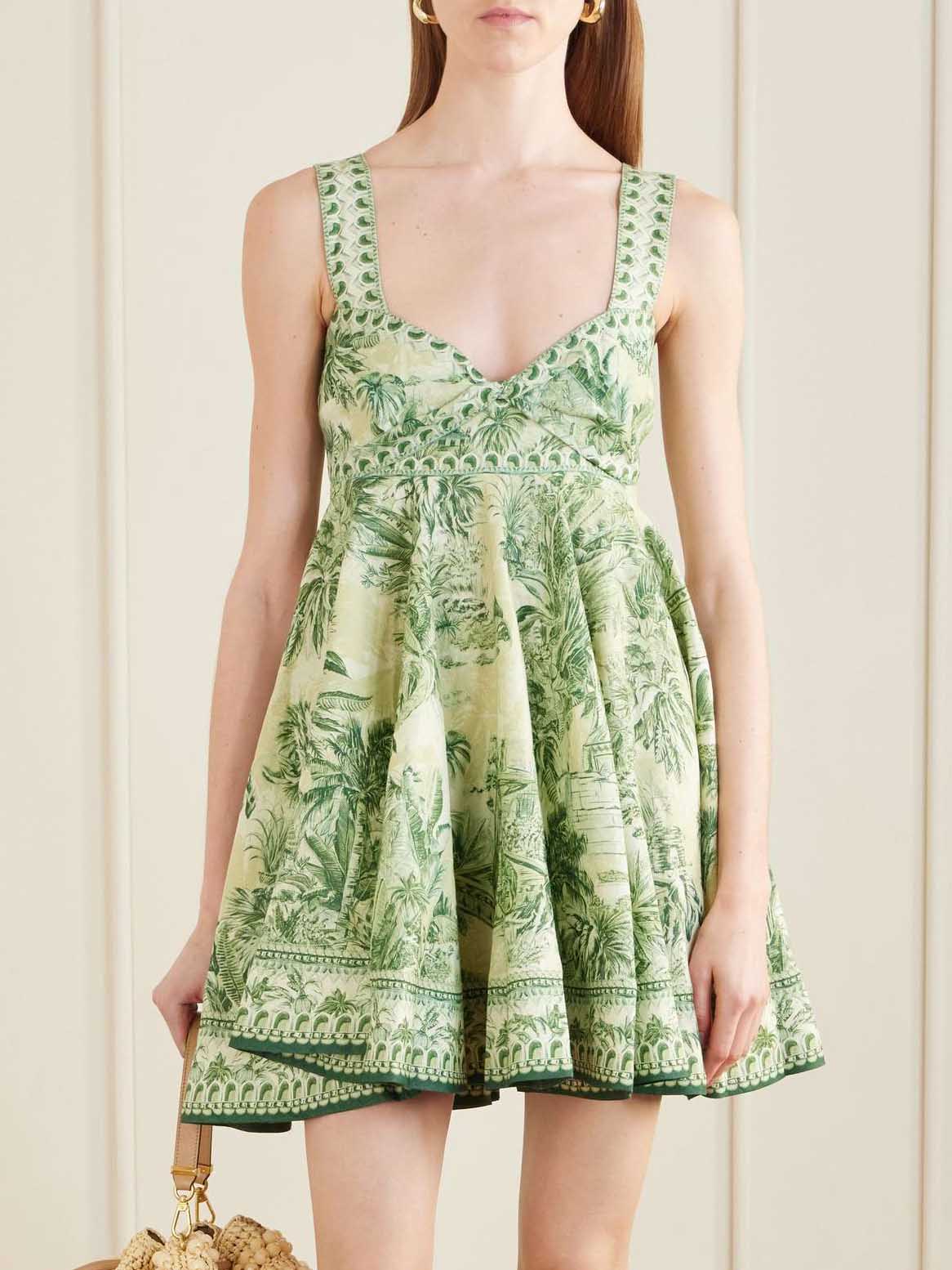 Bohemian Green Palm Print Flared Mini Dress