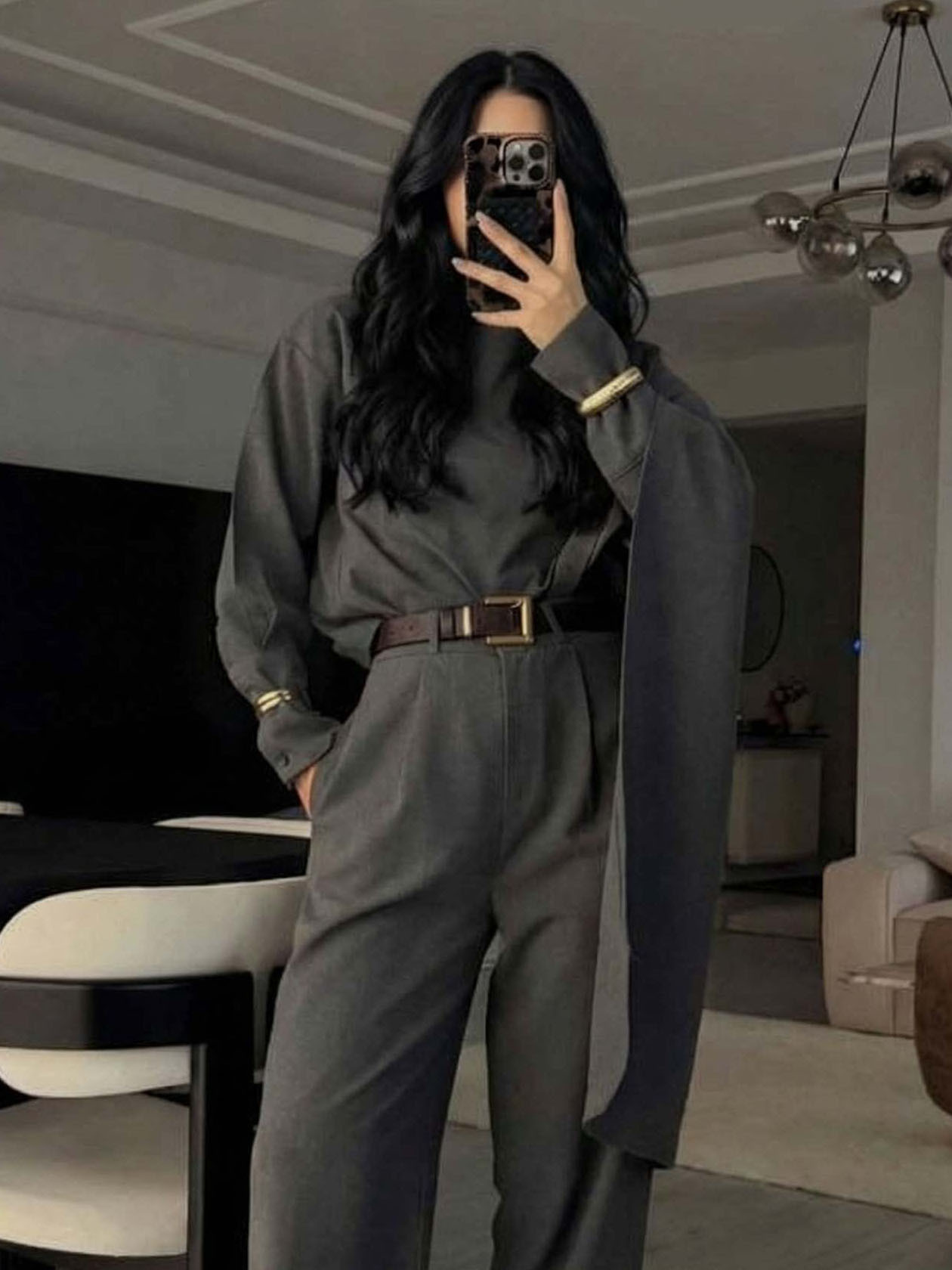 Elegant Draped Shawl Shirt & Wide-Leg Pants Two-Piece Set