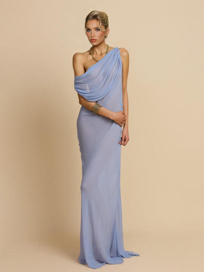 Fashion Mesh Sexy Off-Shoulder Ruched Maxi Dress