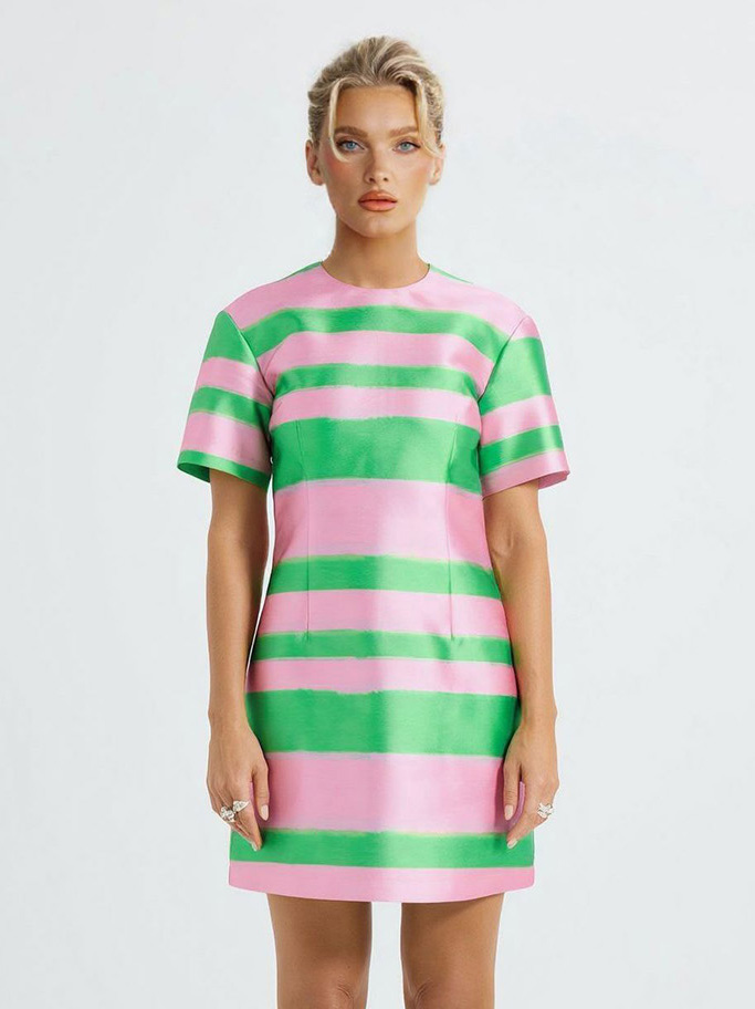 Exquisite Brushstroke Striped Short-Sleeve Loose Mini Dress