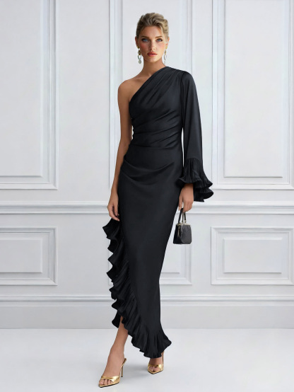 One-Shoulder Ruffle Trim Satin Maxi Dress