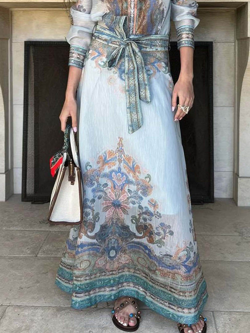 Retro Paisley Pattern Self-Tie Belt Long Skirt