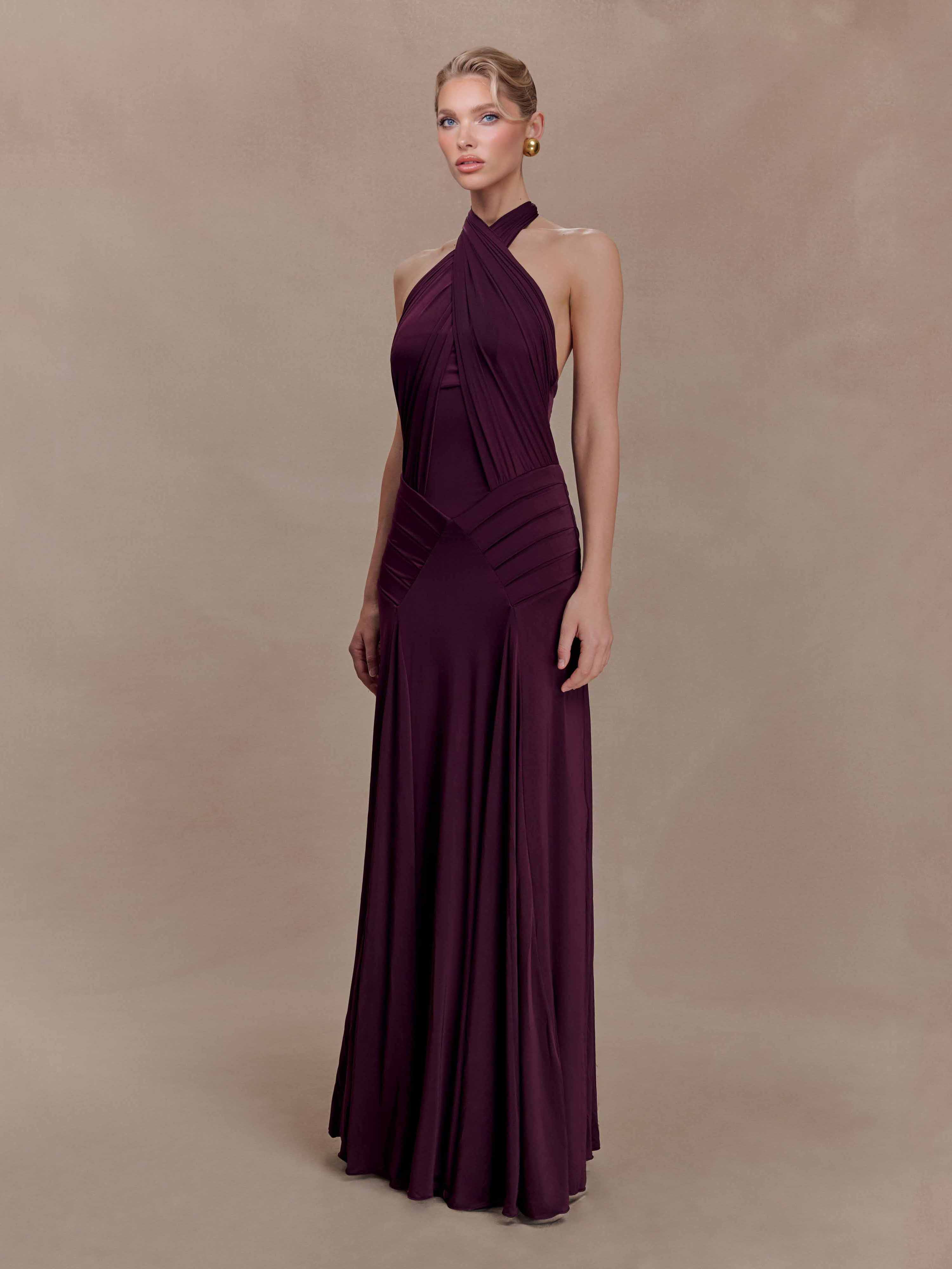 Elegant Pleated Fitted Backless Maxi Dress