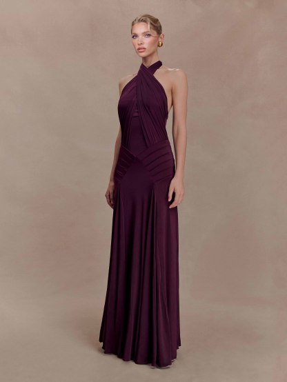 Elegant Pleated Fitted Backless Maxi Dress