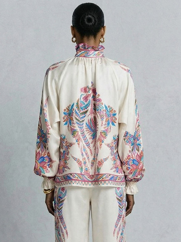 Exquisite Paisley Print Satin Wide-Leg Pants