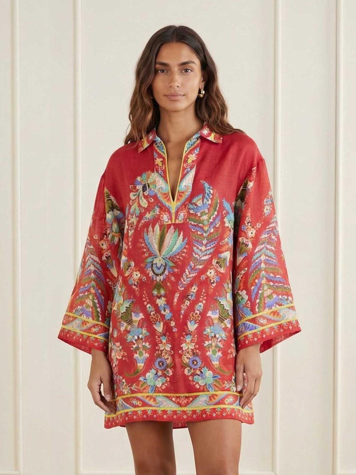 Exquisite Paisley Print V-Neck Kaftan Mini Dress