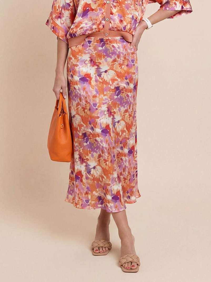 Exquisite Floral Print Satin High-Waisted Midi Skirt