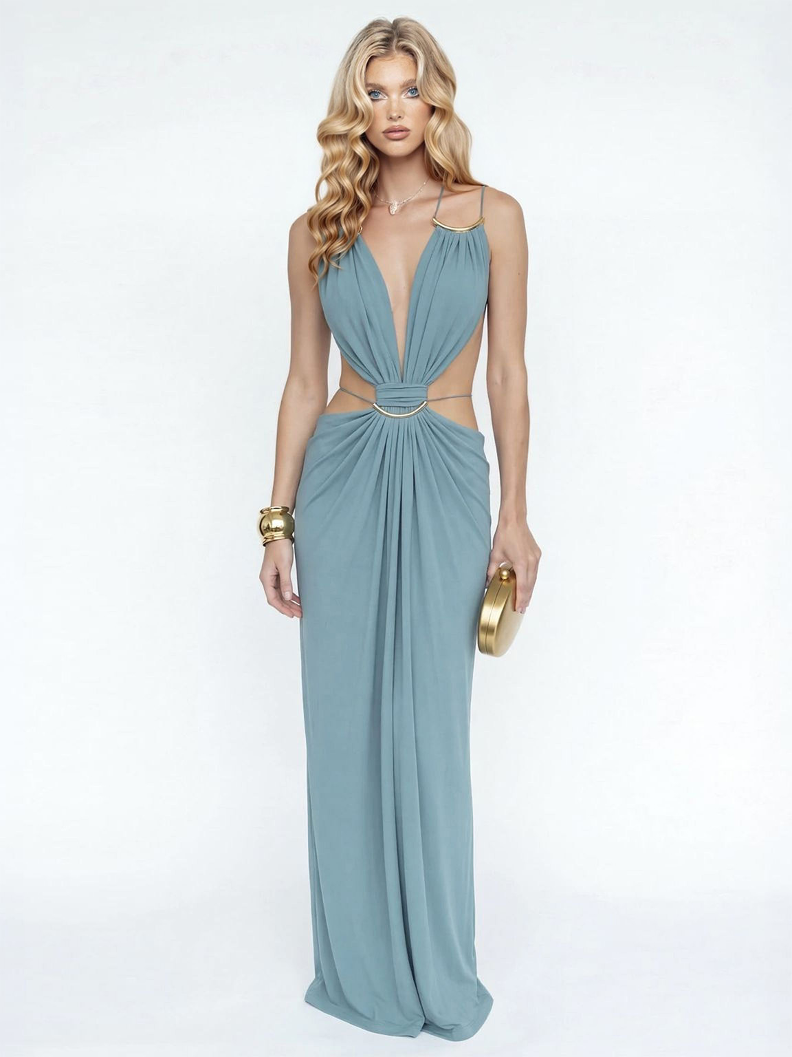 Sexy Metal Chain Cut-Out Backless Lace-Up Draped Maxi Dress