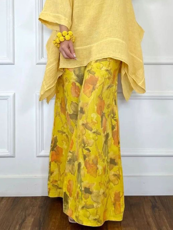 Casual Asymmetrical Top & Printed Wide Leg Pants Set