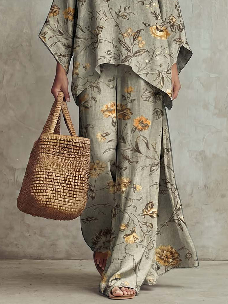 Retro Floral Print Loose Top & Wide-Leg Pants Two-Piece Set