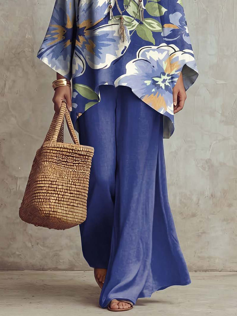 Casual Floral Print Batwing Sleeve Shirt & Pants Two-Piece Set