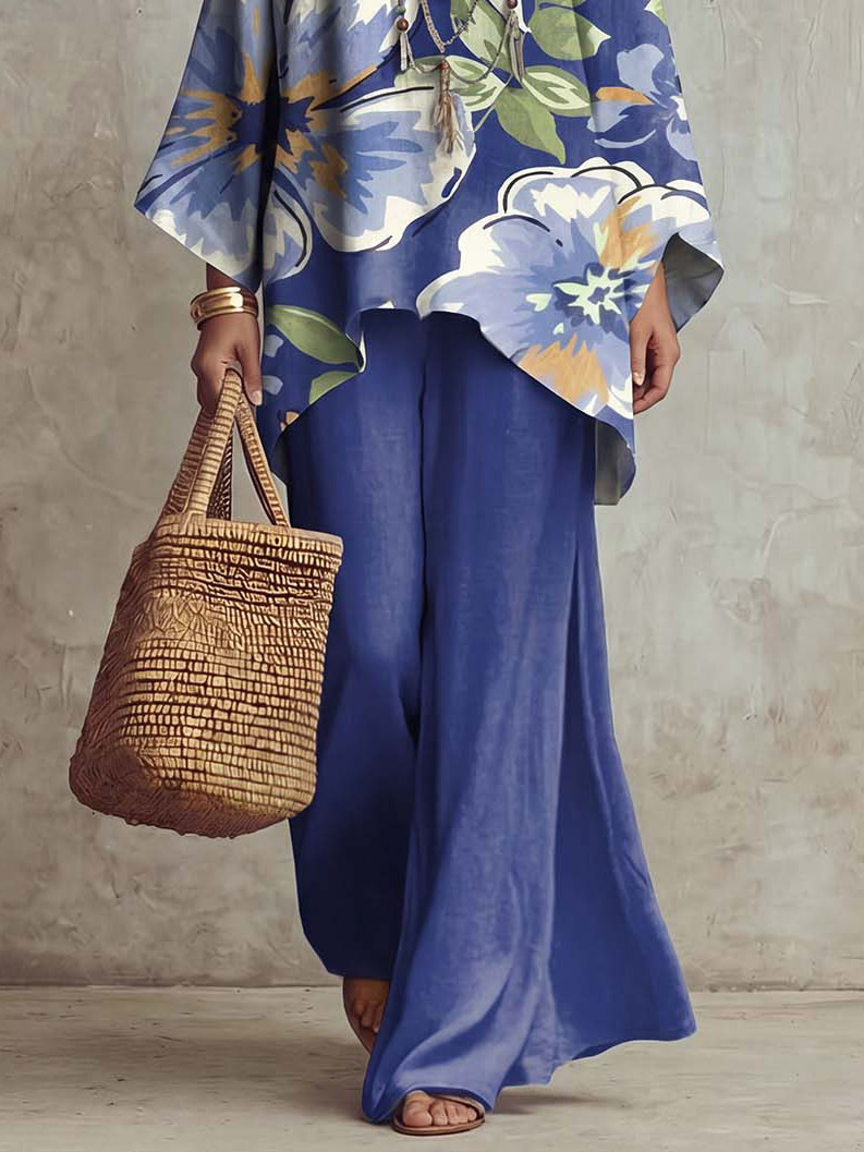 Casual Floral Print Batwing Sleeve Shirt & Pants Two-Piece Set