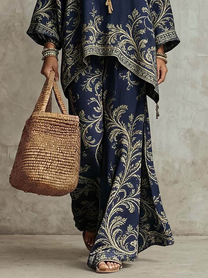 Conjunto de dos piezas de camisa de manga murciélago con estampado de hojas bohemio casual