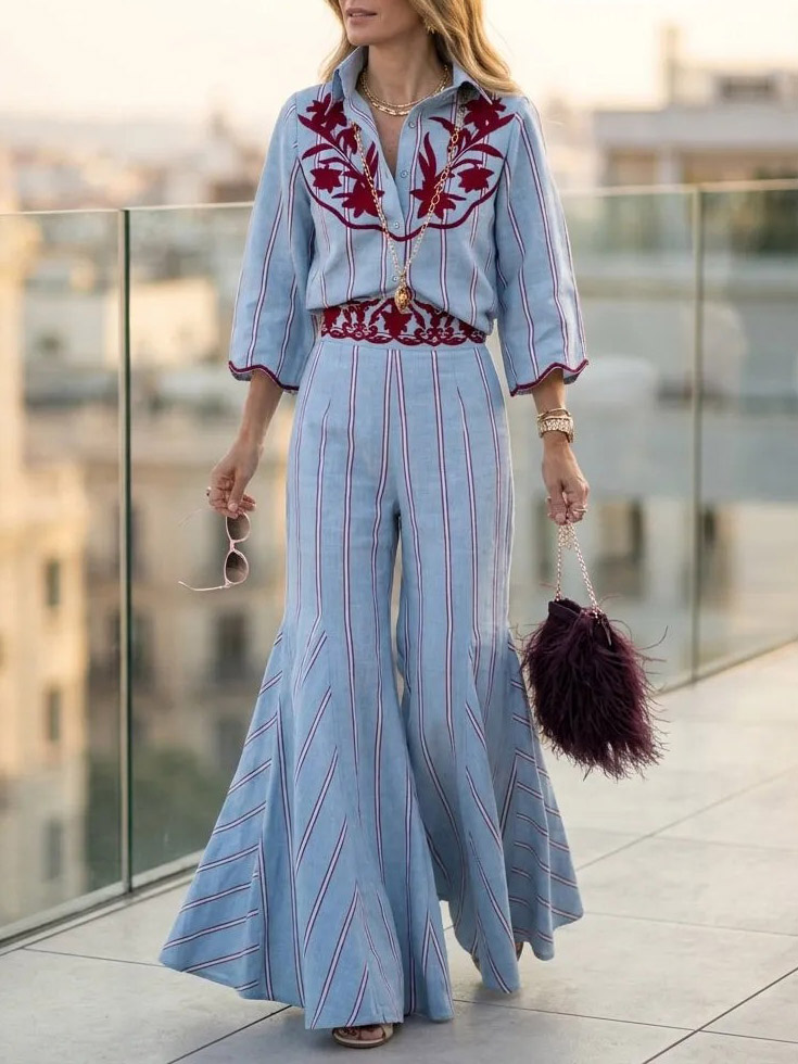 Bohemian Blue Stripe Flare Pants Two-Piece Set