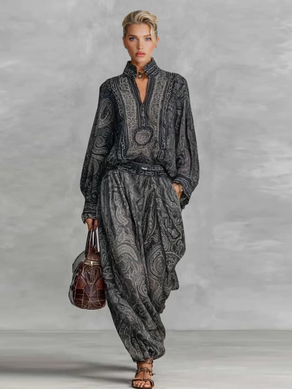 Retro Paisley Print Shirt Two-piece Set